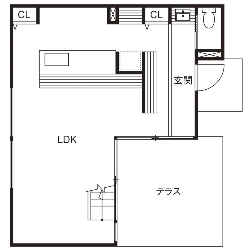 1階の間取り図 玄関からLDKにつながる間取りと広々としたテラス
